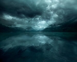 Fototapeta premium Ominous Clouds Casting Sombre Reflection Over Tranquil Lake