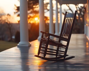 Empty Rocking Chair on Porch with Sunset Backdrop Suggesting Absence and Longing
