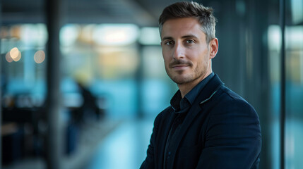 Fototapeta premium Businessman is standing in an office building lobby with his arms crossed, smiling confidently