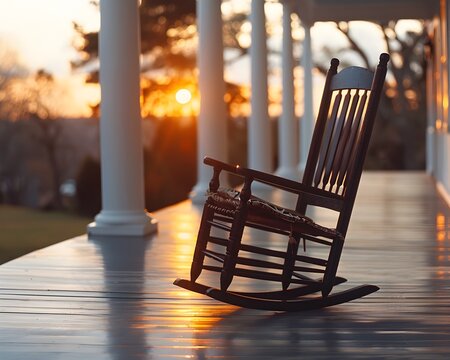 Empty Rocking Chair on Porch with Sunset Backdrop Suggesting Absence and Longing