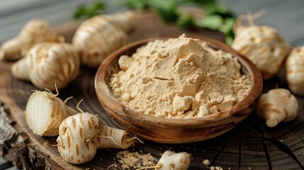 Maca root powder in a wooden bowl with fresh maca roots on a wooden background