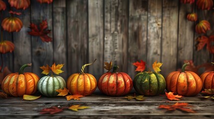 A colorful display of pumpkins, pumpkins and leaves sitting in a row on wooden background. Space for text. Generative AI.