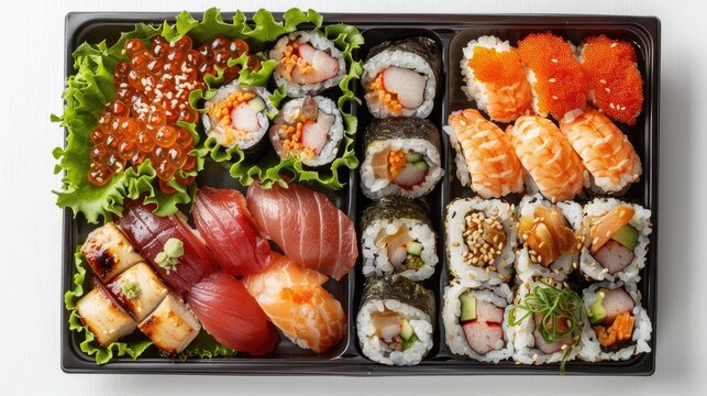 An assorted sushi bento box featuring various types of sushi, including nigiri and rolls, garnished with roe and vegetables, presented on a white background
