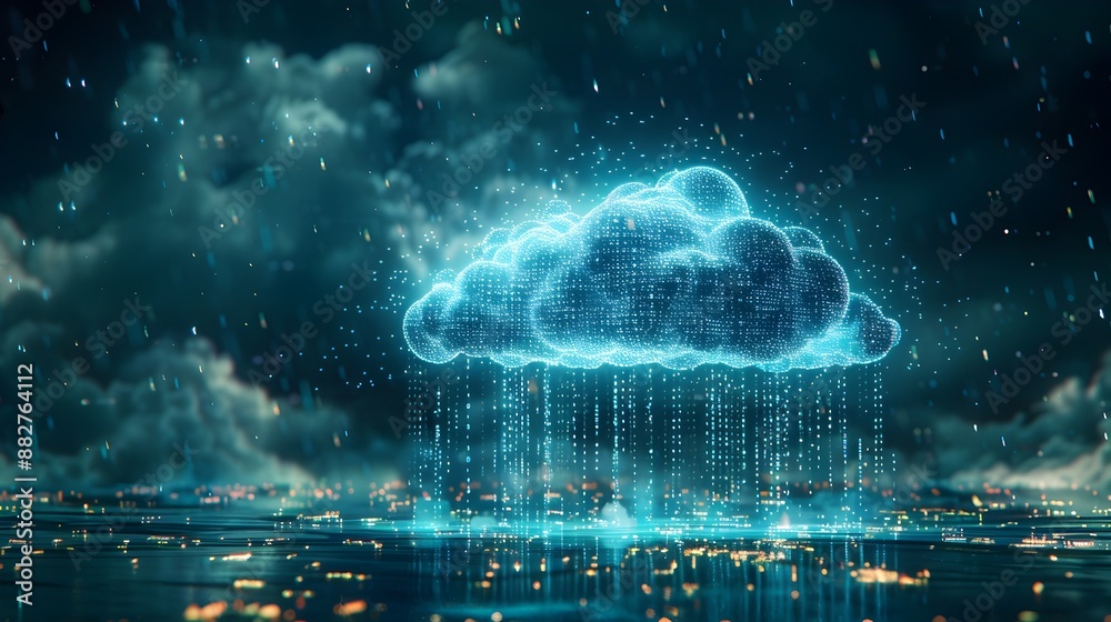 Poster digital cloud with binary code rain symbolizing data streaming from cloud storage