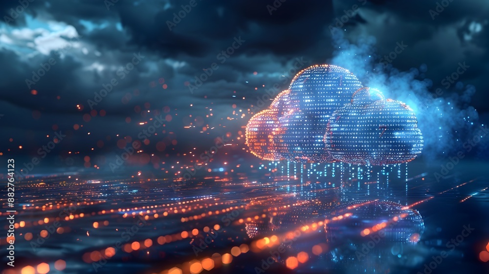 Poster digital cloud with binary code rain streaming from cloud storage cloud computing concept