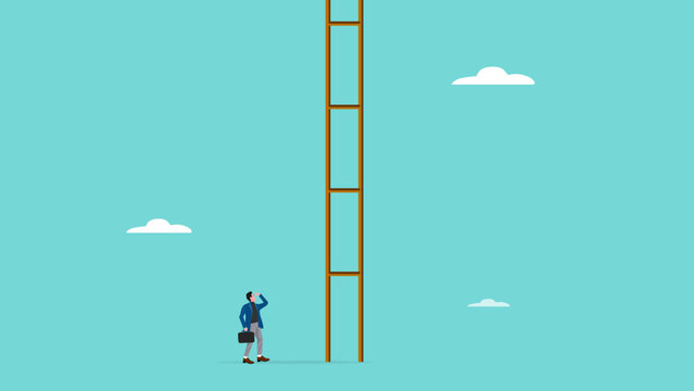 difficult step to take in business success with confused businessman thinking about climbing stairs with steps that are too far apart, taking too big a step concept illustration