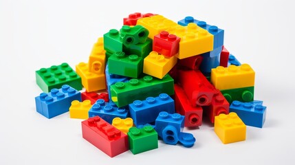 Diverse colorful blocks scattered on white background with central white space