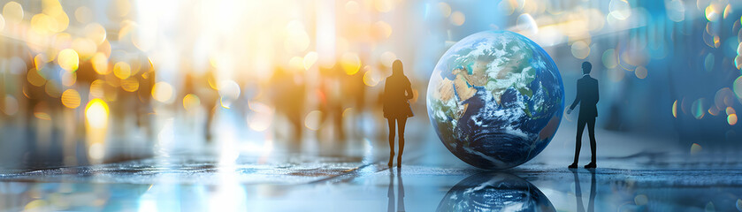 Global Business Strategy Discussion with Earth Model and Flowcharts   Creative Photo Realistic Concept for Designing Business Process Flowcharts with Ample Space for Text or Graphi