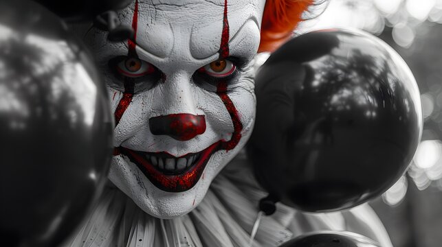 A creepy clown with a sinister smile holding a bunch of black balloons