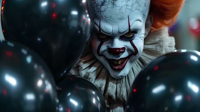 A creepy clown with a sinister smile holding a bunch of black balloons