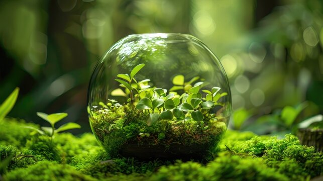 The image shows a glass sphere with a small ecosystem. Green plants grow inside the sphere, creating a self-contained, sustainable environment.