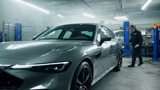 Mechanic Inspecting a Silver Sedan in a Garage Generative AI