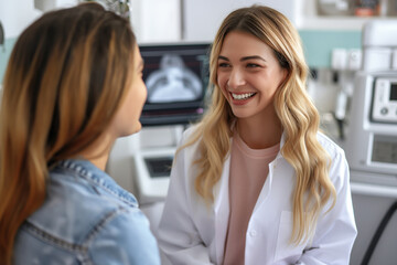 Obraz premium Doctor speaking with female patient in clinic exam room medical consultation concept