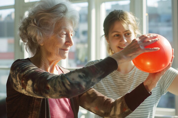 Senior woman in physical therapy with therapist holding red ball rehab exercise concept