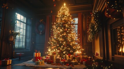 Obraz premium A huge Christmas tree with bright lights and presents.