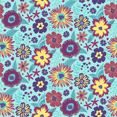 Floral Seamless Half Drop Pattern with Fantasy Leaves and Flowers in Mint Blue, Purple, Yellow. Repeating Wallpaper Print Texture. Perfectly for Scrapbook Craft Paper, Textile, Fabric, Gift Wraps.