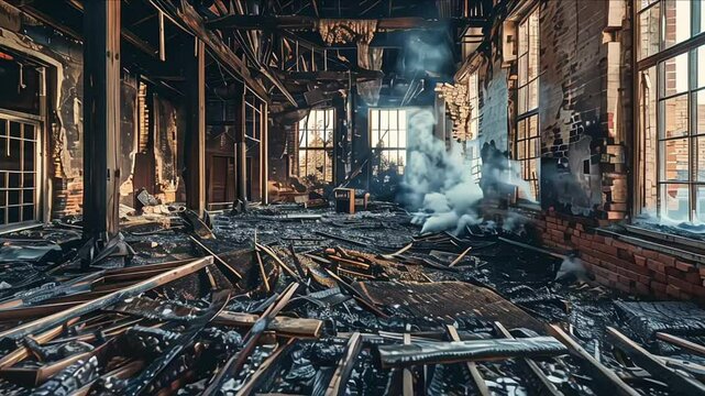 Burnt room interior with walls, furniture and floor in ash and coal, ruined building after fire