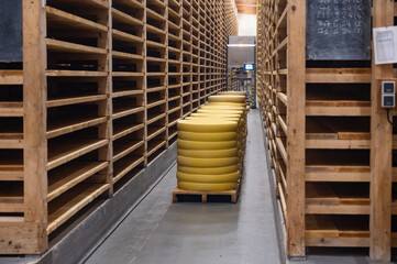 Aging rooms with shelves in cheese caves, central location for aging of wheels, rounds of Comte cheese from four months to several years made from raw cow milk, Jura, France