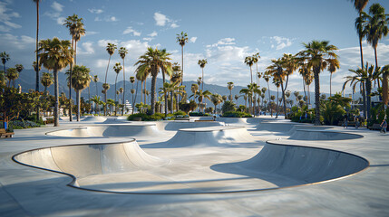 A contemporary skate park with sleek, curved concrete ramps surrounded by tall palm trees and clear blue skies, creating a fresh and inviting scene