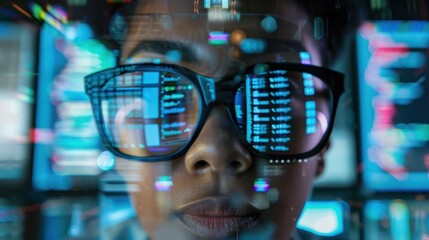 A software engineer deeply engrossed in coding, with lines of code reflected on their glasses and multiple monitors displaying various aspects of software development