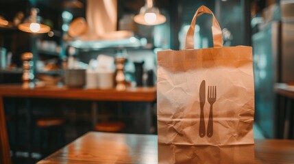 Brown paper bag restaurant takeout order. A brown paper bag with a knife and fork logo, signifying a restaurant takeout order.