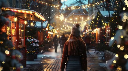 Fototapeta premium A young woman walks in the evening in the Christmas market, decorated with festive lights. winter holidays Design ai
