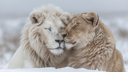 A white lion and lioness nuzzle affectionately in a snowy landscape, their closed eyes and serene...