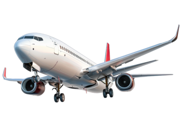 White commercial airplane with red accents flying in the sky, showcasing landing gear and engines. Perfect for travel and aviation themes.