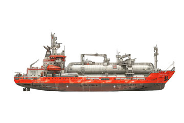 Fototapeta premium A detailed image of a red maritime vessel with industrial equipment, isolated on a white background.