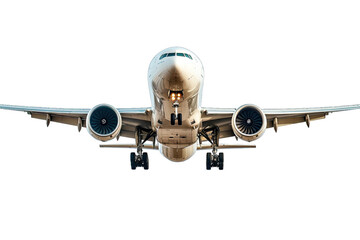Fototapeta premium Front view of a commercial airplane in flight, showcasing aviation and travel concepts.