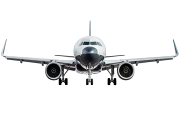 Front view of a commercial airplane with outstretched wings, depicting aviation and travel industry.