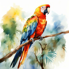 Obraz premium Majestic and Colorful Macaw Parrot Perched on a Branch Amidst Lush Green Tropical Foliage in a Vibrant Jungle