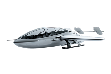 Futuristic flying car with sleek design, representing advanced transportation technology, isolated on a white background.