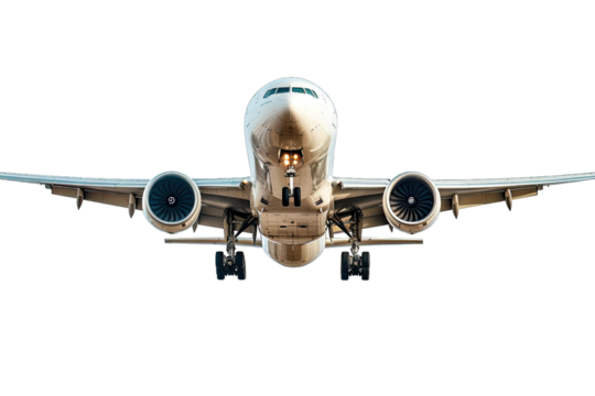 Front view of a commercial airplane in flight, showcasing aviation and travel concepts.