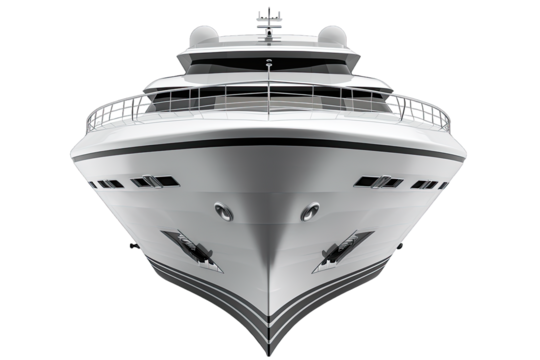 Front view of a luxurious white yacht. High-quality image perfect for marine, travel, and luxury themed projects.