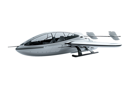 Futuristic flying car with sleek design, representing advanced transportation technology, isolated on a white background.