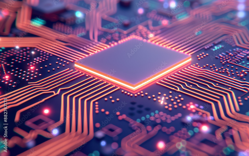 Poster close-up of a glowing microprocessor with intricate circuits, highlighting the complexity and techno