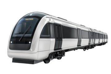 Modern white train on isolated background, showcasing contemporary public transit design and transportation technology.