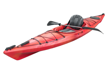 Red kayak isolated on white background, perfect for outdoor adventure, water sports, and recreational activities.