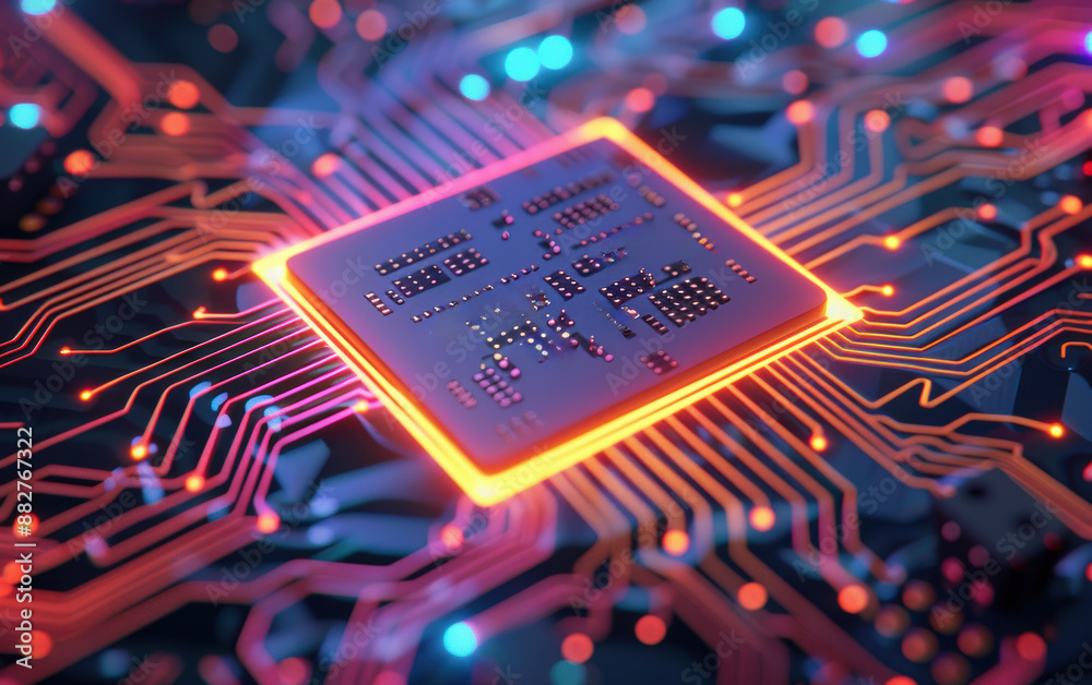 Poster close-up view of a glowing microchip on a circuit board, representing advanced technology and innova