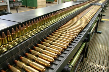 Obraz premium bullet ammunition shell on production line conveyor belt. Firearm industry