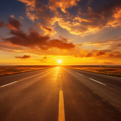 Naklejka premium Endless Open Road Stretching Towards the Distant Horizon Under a Magnificent Golden Sunset Sky with Dramatic Clouds