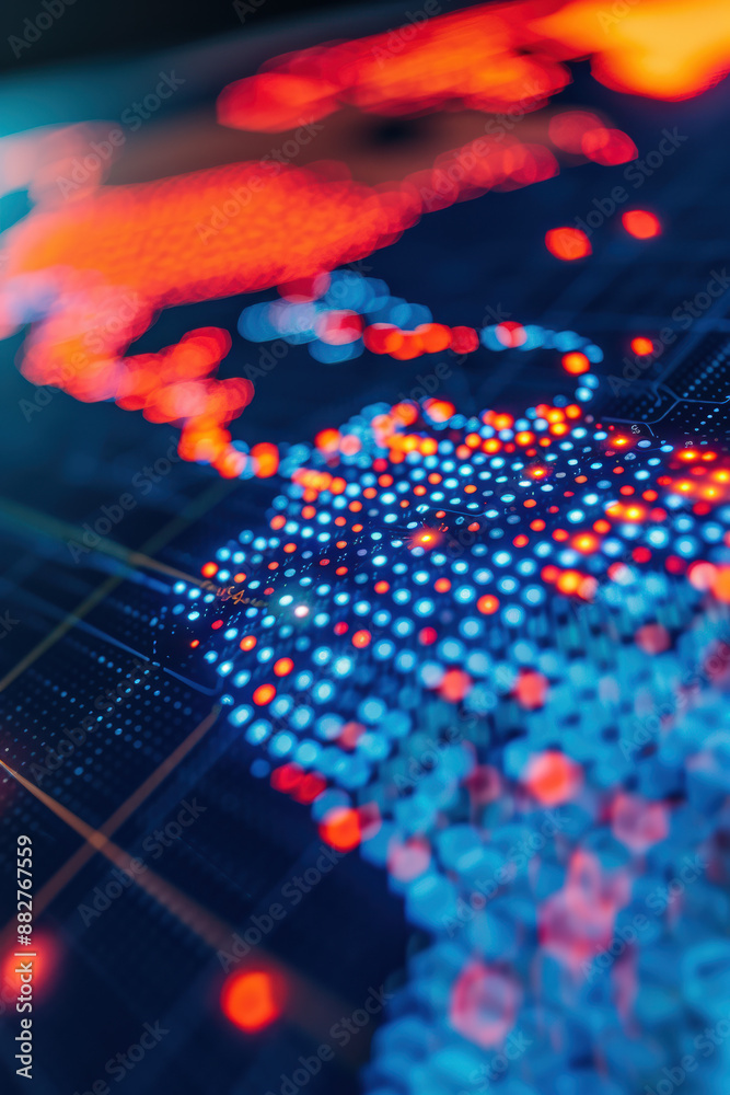 Poster close-up of a digital world map with glowing dots representing data points and network connections, 