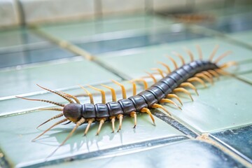 big centipede crawl on tile floor in house