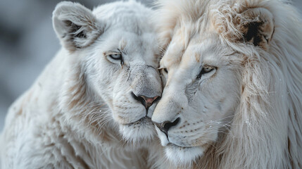 Fototapeta premium Close-up of two white lions with their faces gently pressed together, showcasing their majestic features and the intimate bond they share