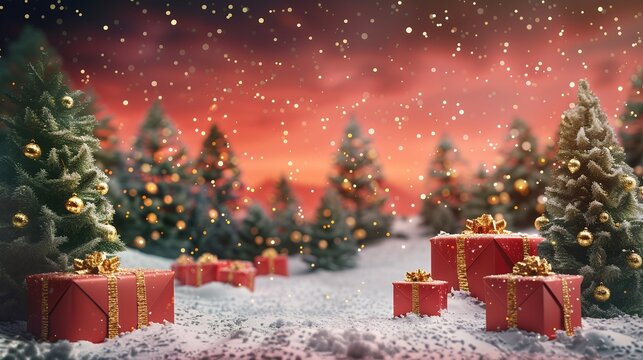 Christmas background with gifts and Christmas trees in the snow, night sky with stars, red color, golden, golden red, happy New Year, green forest, red gift boxes in the foreground, photorealistic, hi