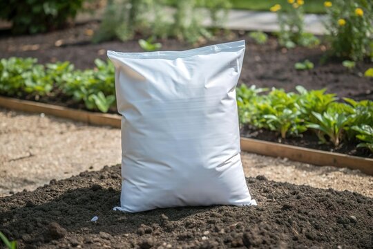 fertilizer bag on black garden soil