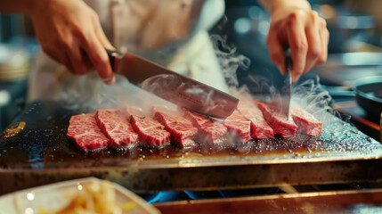 The professional chef is using sharp knives to cut the pink seared beef into steaming slices on top of an iron griddle