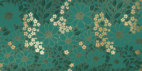 Golden Metallic Contour Flowers and Leaves on Pine Green Color Backdrop. Luxurious Art Deco Wallpaper Design. Great for Textiles, Wrapping Papers, Fabrics, Prints, Packages, Fashion, Beauty Products.