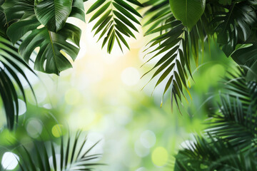 Obraz premium Lush green tropical leaves with sunlight filtering through, creating a vibrant and refreshing jungle atmosphere perfect for nature themes.
